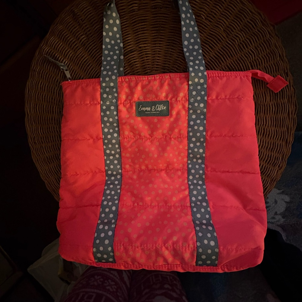 Bright Pink/Orange and Gray Tote Bag with Polka Dot Straps